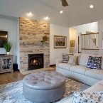 Living room with fireplace in custom-built home, Medinah, IL