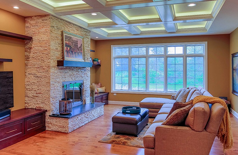 First Floor Living Room with Coffered Ceiling