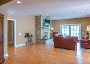 lower level, accessible family room with fireplace