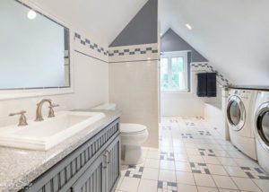 Gray and white patterned tile in bathroom