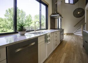 Kitchen sink with large windows