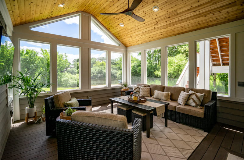 View from the inside out to the beautiful yard and pond